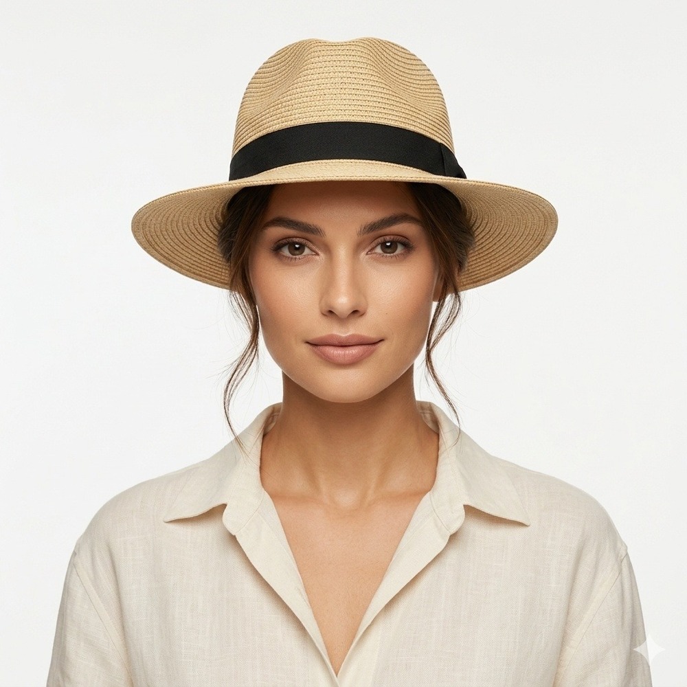 Solar Escape Tan Paper Straw Fedora Sun Hat Black Ribbon One Size Adjustable